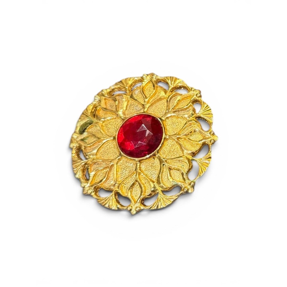 Vtg Gold Tone Ornate Floral Filigree Red Rhinestone Statement Brooch Pin 2"